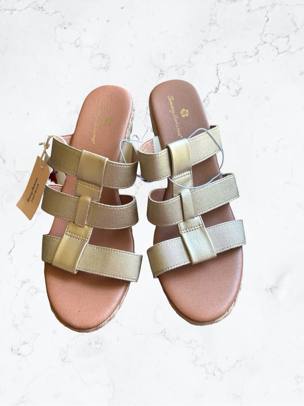 Tommy Bahama Metallic Gold Wedge Sandals - Picture 2 of 7